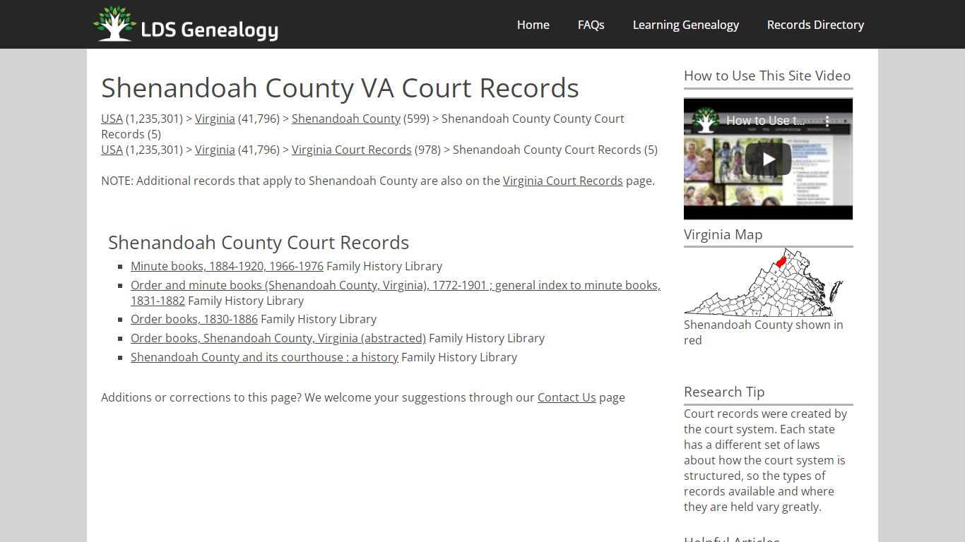 Shenandoah County VA Court Records - LDS Genealogy